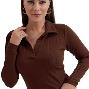 Women’s Collared Neck Long Sleeve Slim Fit Casual Tee Top