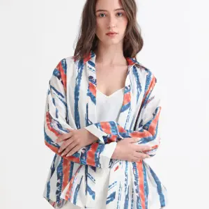 FLAT PLACKET ABSTRACT PRINT COLLARED TOP FOIL - OFFWHITE